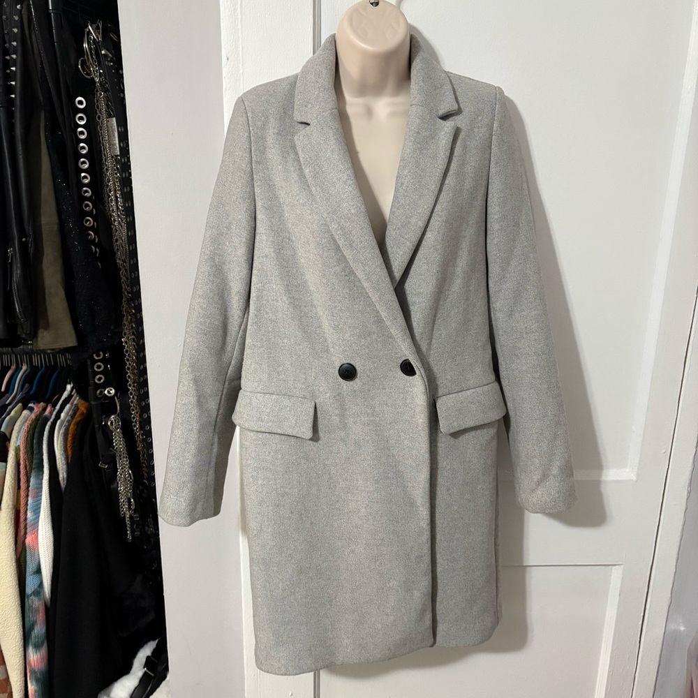 Zara TRF Gray Double-Breasted Blazer Grey Peacoat Jacket Long Button